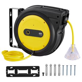 Retractable Extension Cord Reel, 65 FT, Heavy Duty 12AWG/3C SJTOW Retractable Power Cord with Lighted Triple Tap Outlet