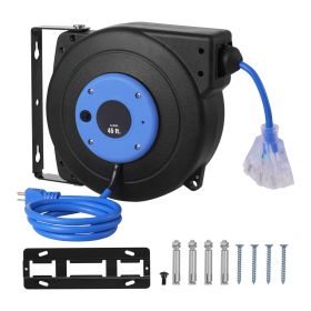 Retractable Extension Cord Reel, 45 FT, Heavy Duty 12AWG/3C SJTOW Retractable Power Cord with Lighted Triple Tap Outlet